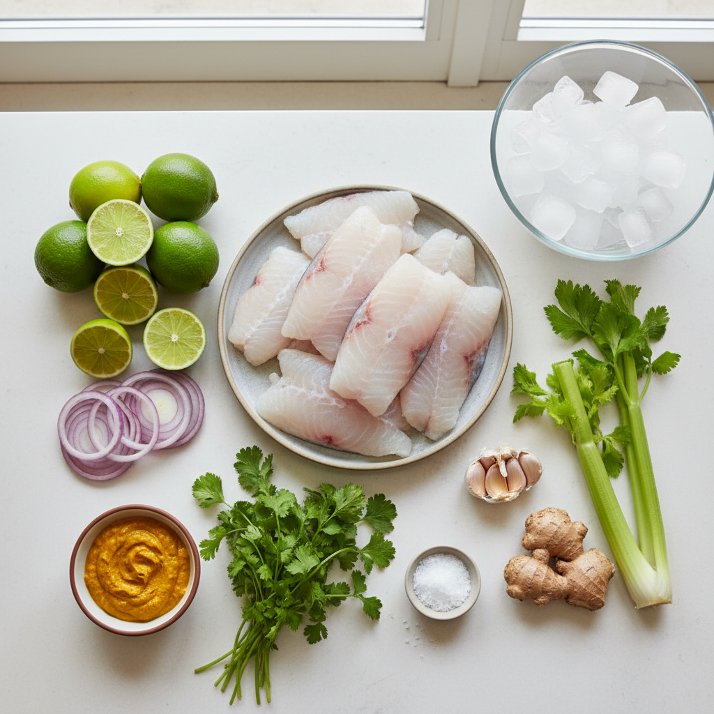 Fresh Peruvian ceviche ingredients on a kitchen counter