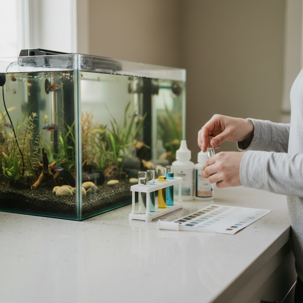 Aquarium water test kit being used beside a freshwater tank