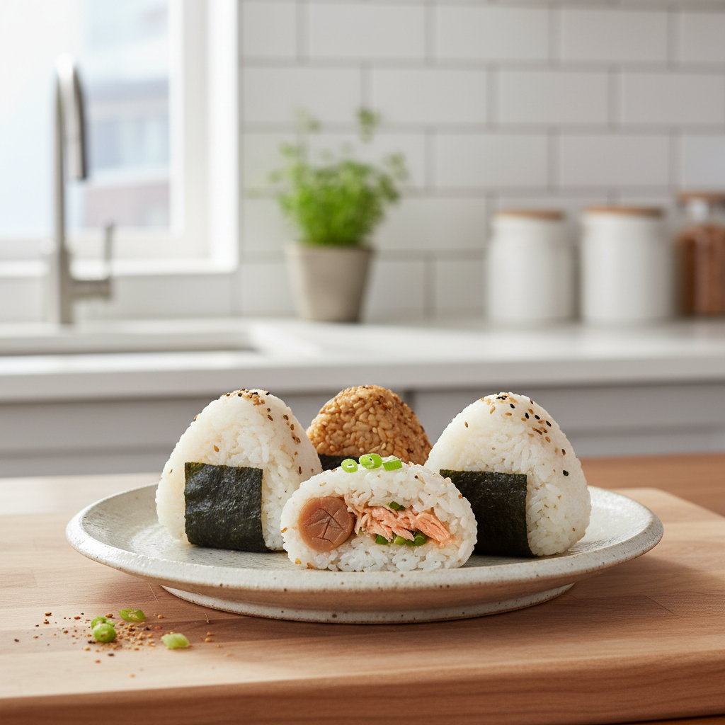 Homemade onigiri Japanese rice balls on a plate with nori and fillings