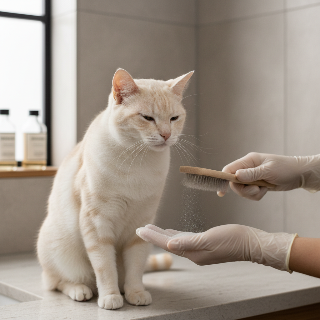 No rinse powder dry shampoo for cats used during gentle brushing
