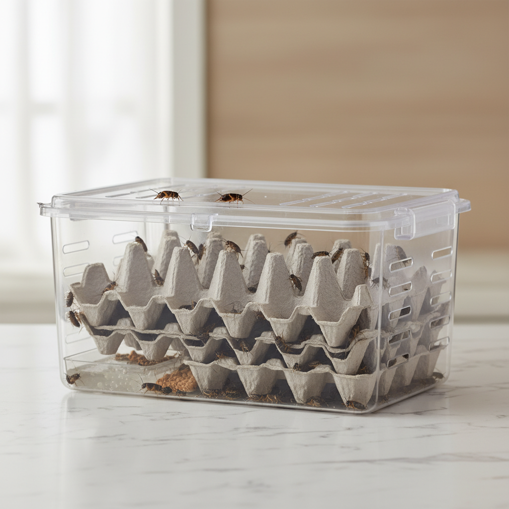 Healthy live feeder crickets in a ventilated keeper for lizard food