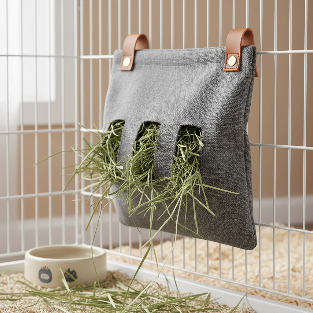 Small pet hay bag hanging feeder installed on a cage wall at the right height