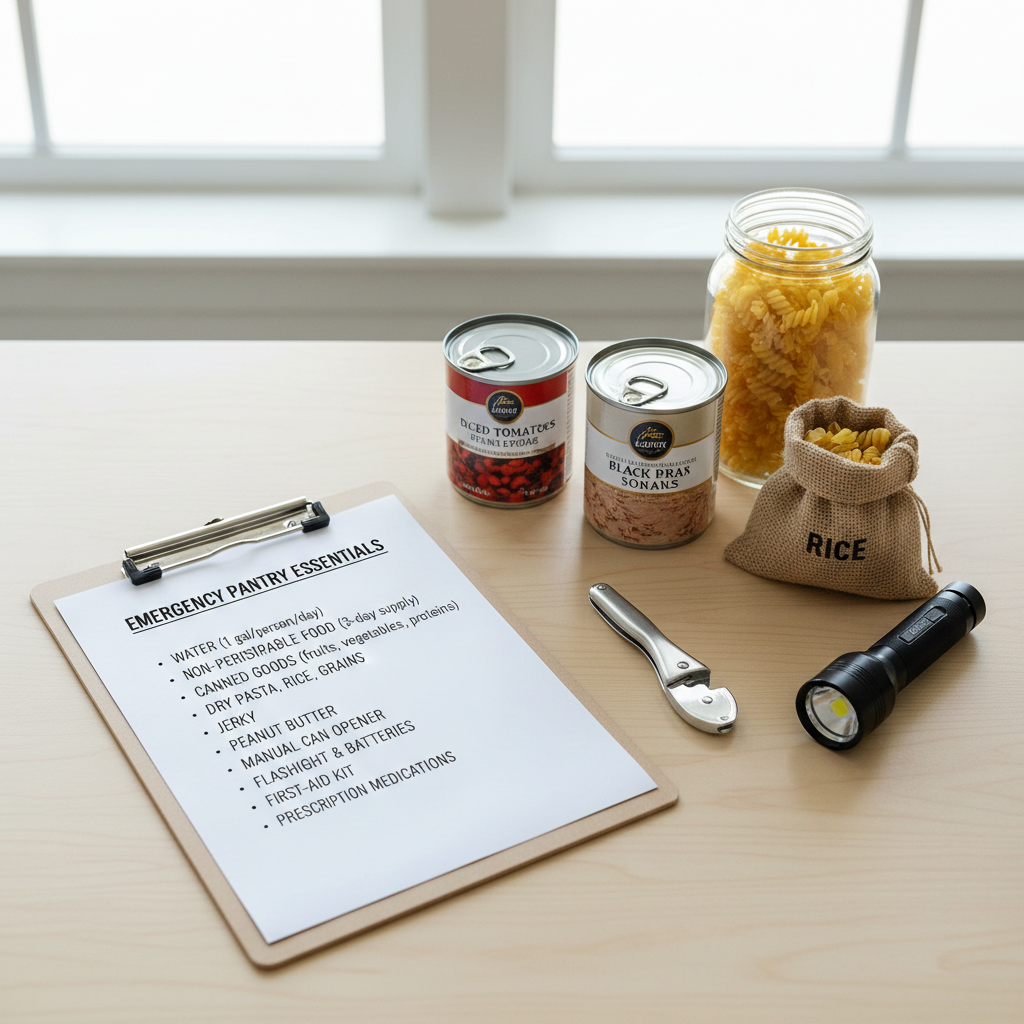 Emergency pantry checklist on clipboard with canned goods and manual can opener