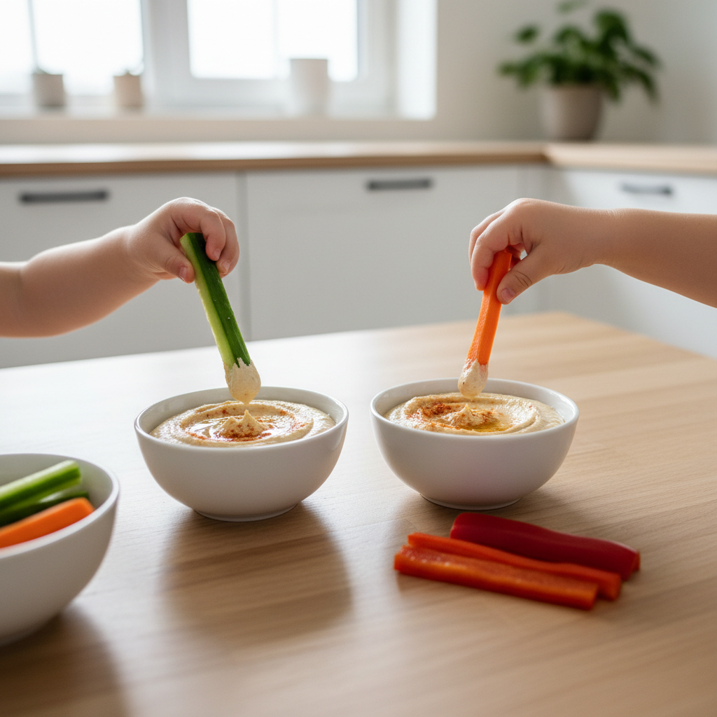 Kids dipping crunchy vegetables into hummus at a kitchen table