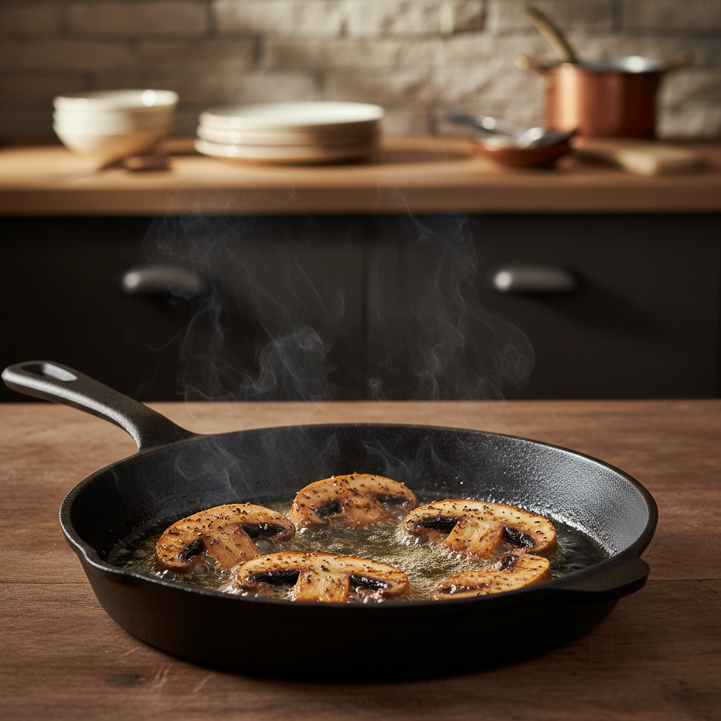 Smoky sliced portobello mushrooms cooking in a skillet for taco filling