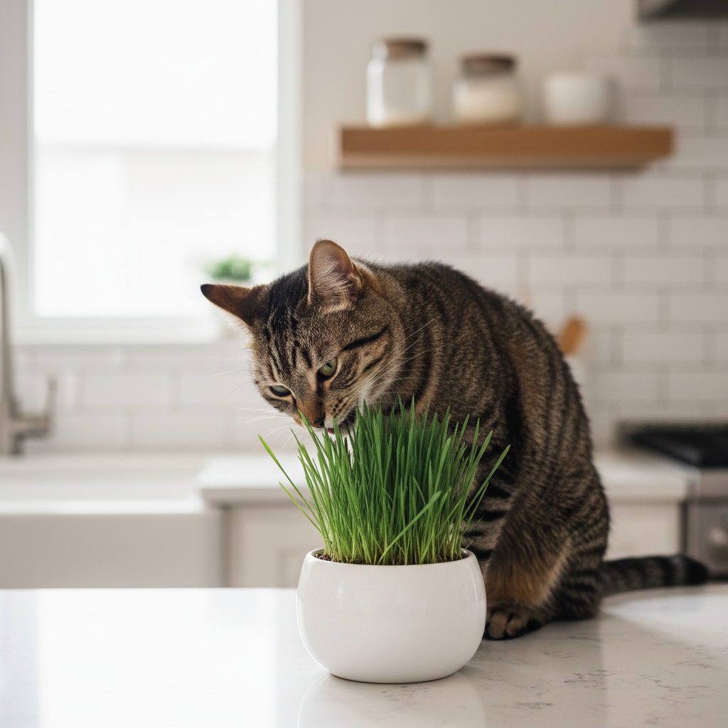 Indoor cat eating fresh organic cat grass from a small planter