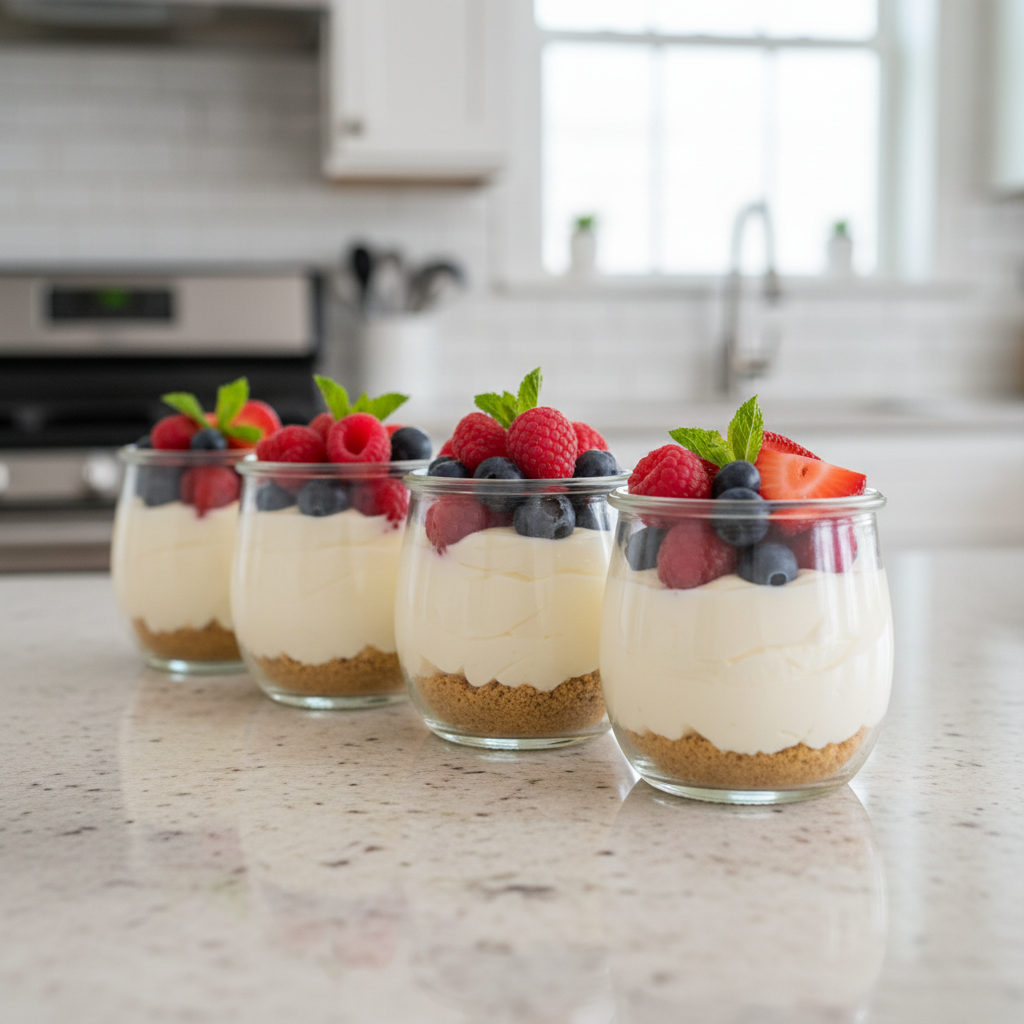 No bake cheesecake cups with graham crumbs and berries