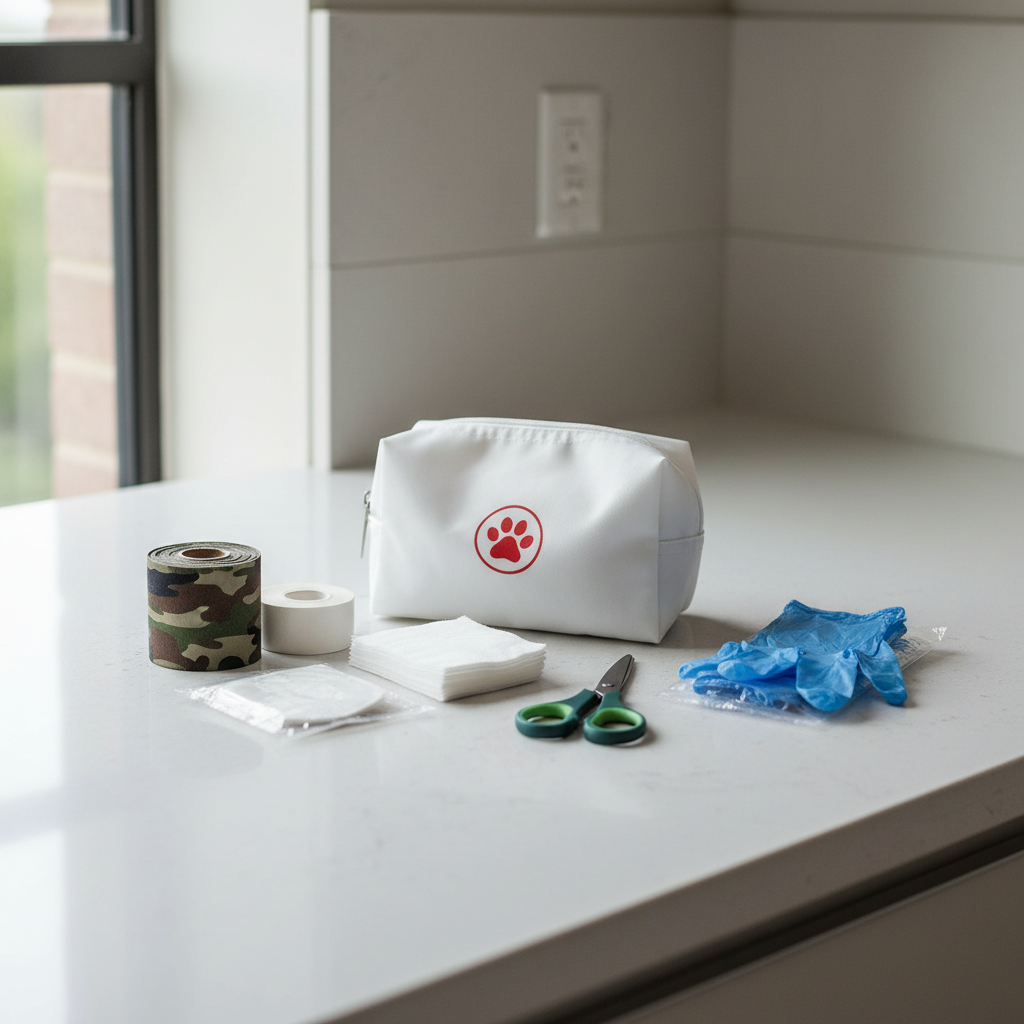 Pet first aid kit with self-adhesive wrap, gauze, and medical tape for wound care