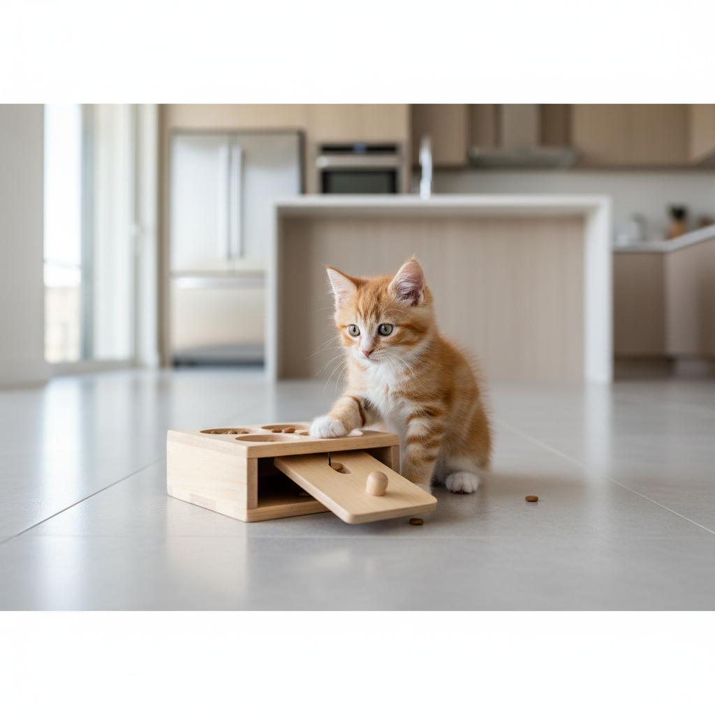 Kitten using a puzzle feeder toy for mental enrichment during playtime