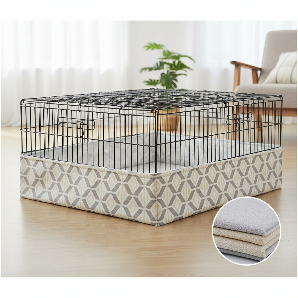 Washable reusable ferret cage liner set up inside a wire cage