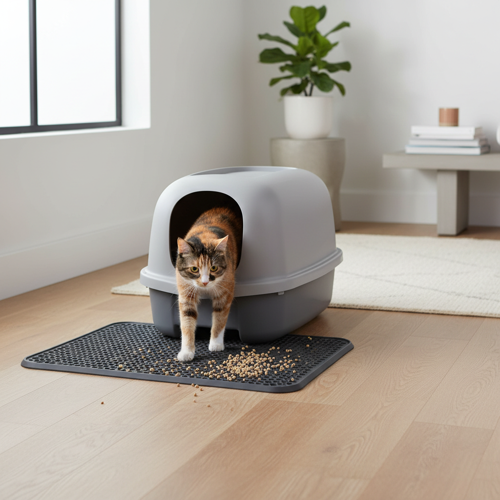 Cat stepping out of a litter box onto a textured litter trapping mat