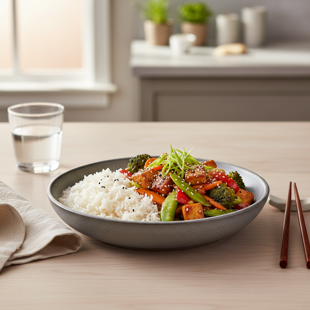 Weeknight stir fry dinner served with rice and chopsticks on a table