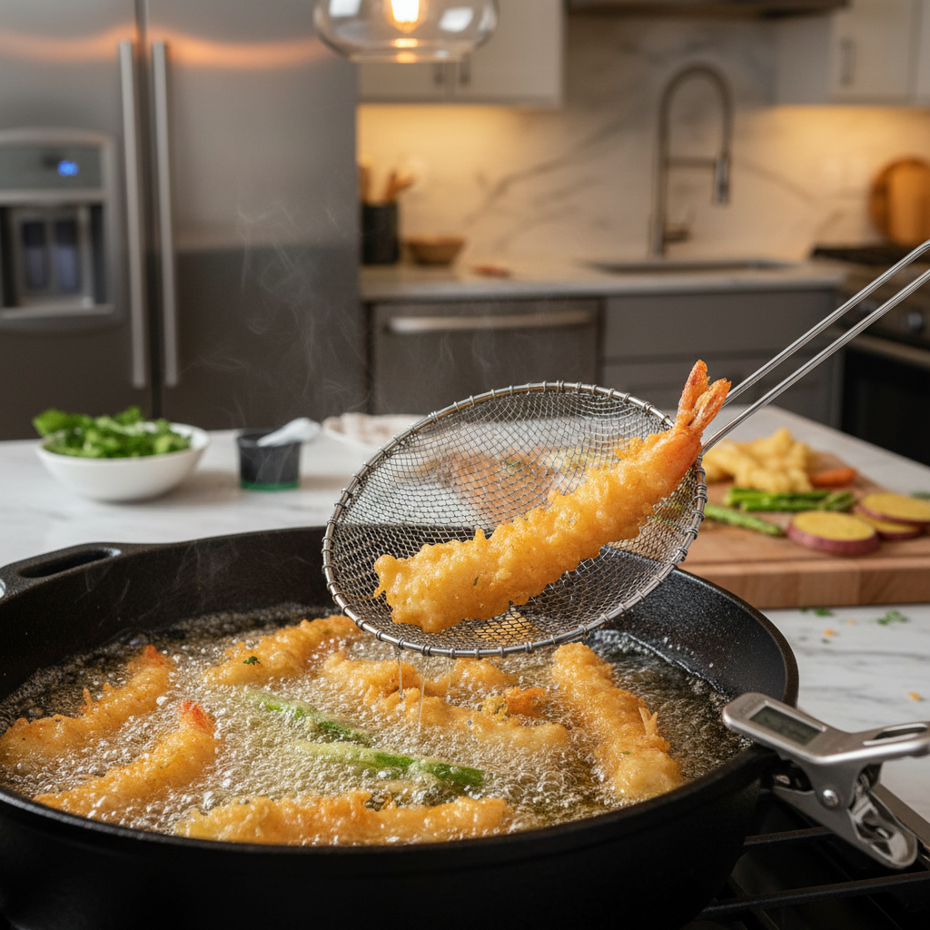 Tempura frying in a pot with a thermometer showing oil temperature