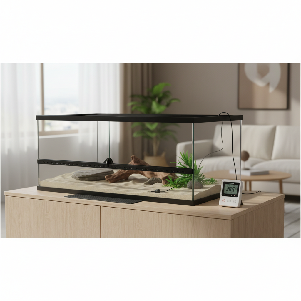 Adjustable reptile heat mat setup with thermostat and probe on terrarium