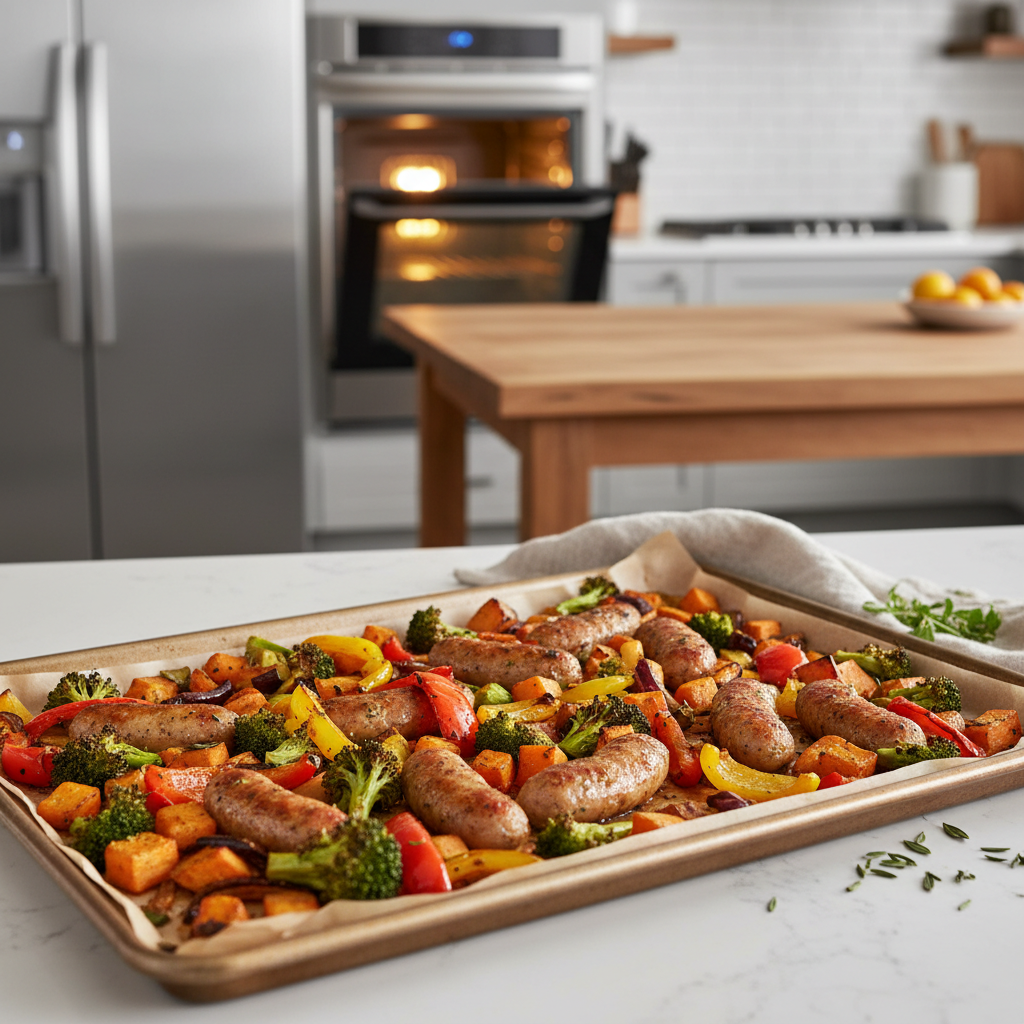 One-pan sheet pan dinner cooking in a home oven for a quick weeknight meal