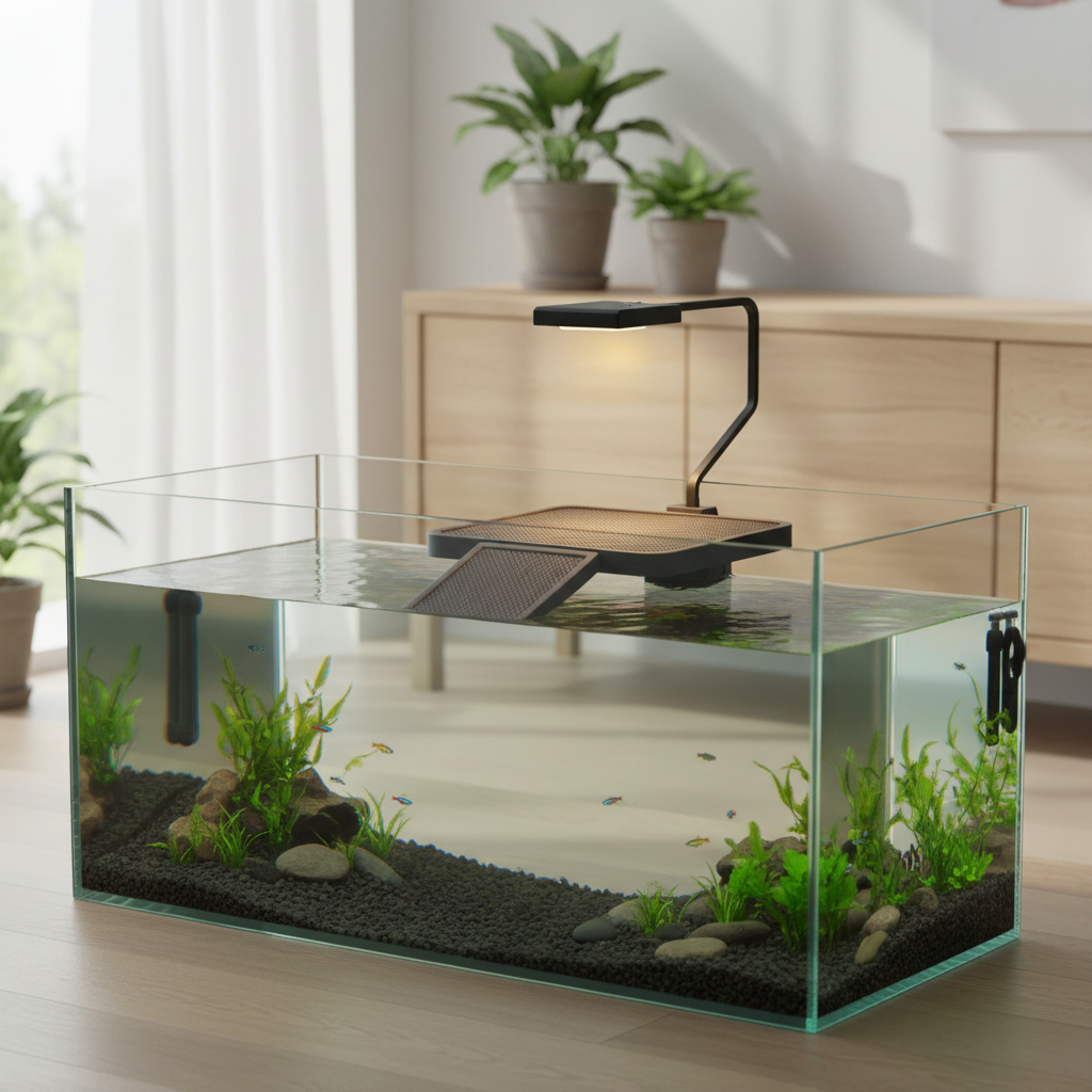 Aquarium turtle dock ramp positioned at the correct waterline for easy climbing