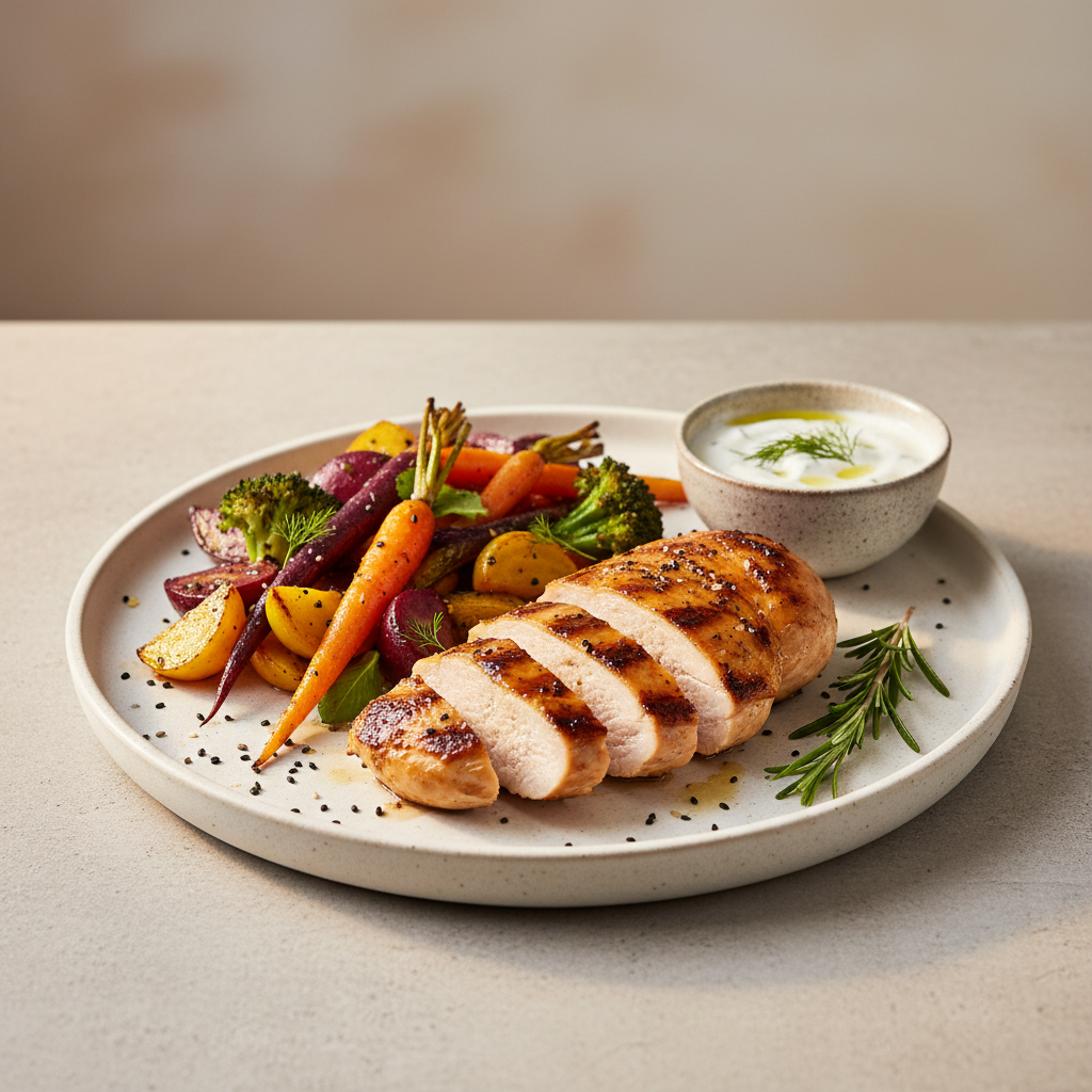 Savory Greek yogurt sauce served with roasted vegetables and grilled chicken on a meal plate