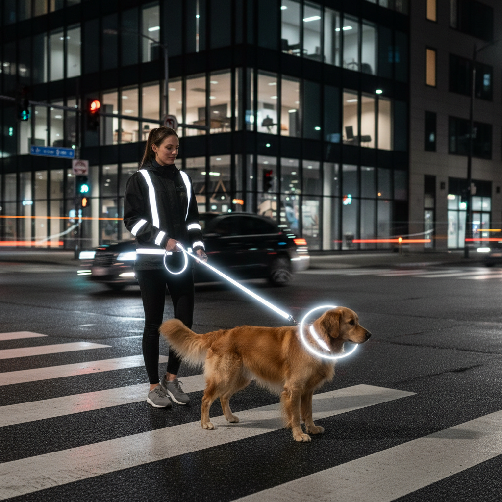 Dog walker using reflective leash and collar near a crosswalk at night