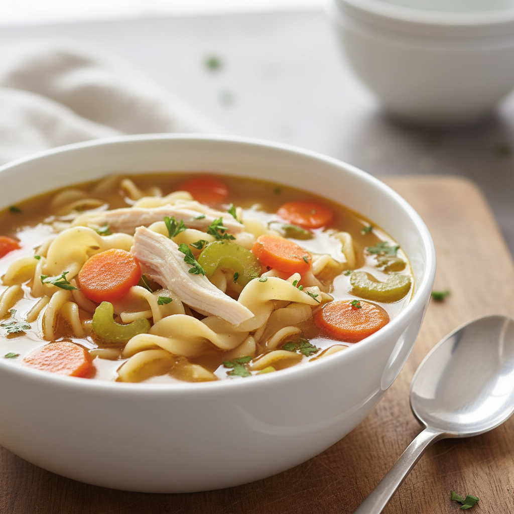 Bowl of classic chicken noodle soup with egg noodles shredded chicken and fresh parsley