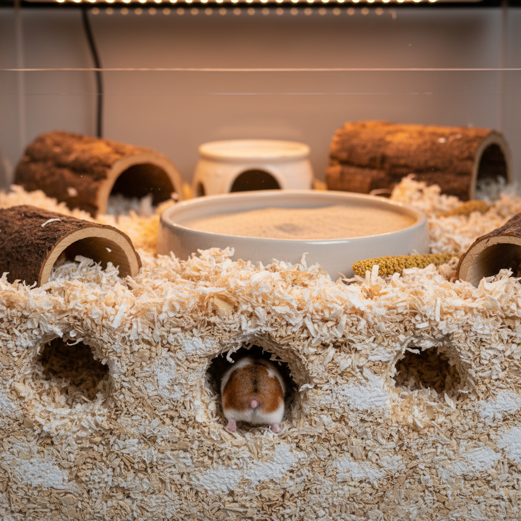 Hamster burrowing in deep paper bedding with stable tunnels
