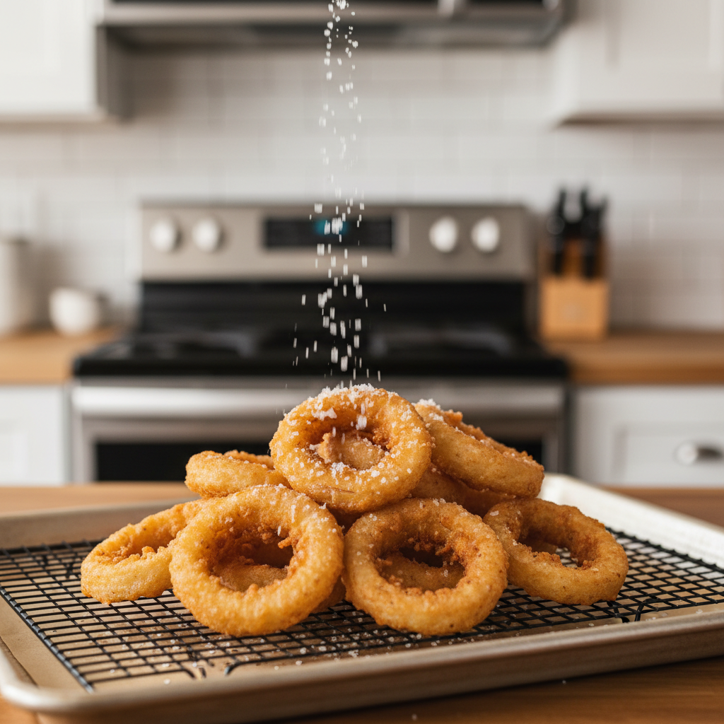 Golden crispy onion rings draining on a wire rack after frying