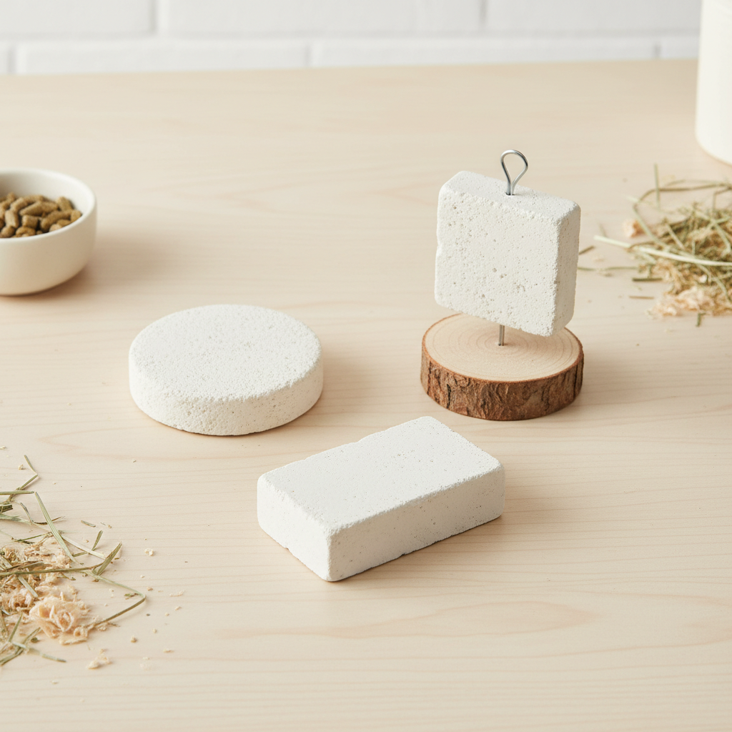 Different shapes of hamster mineral stone chew toys on a tabletop for comparison