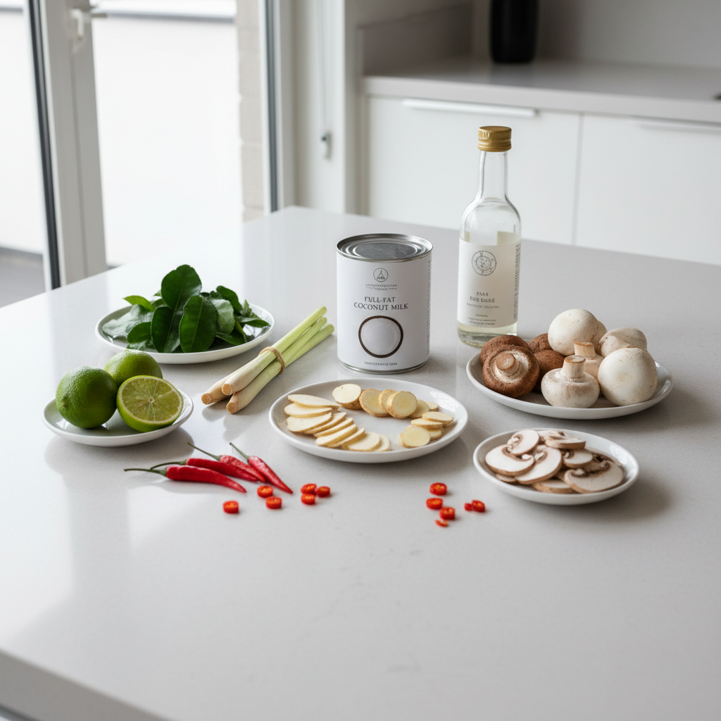 Tom Kha Gai ingredients on a kitchen counter: coconut milk, lemongrass, galangal, lime, mushrooms