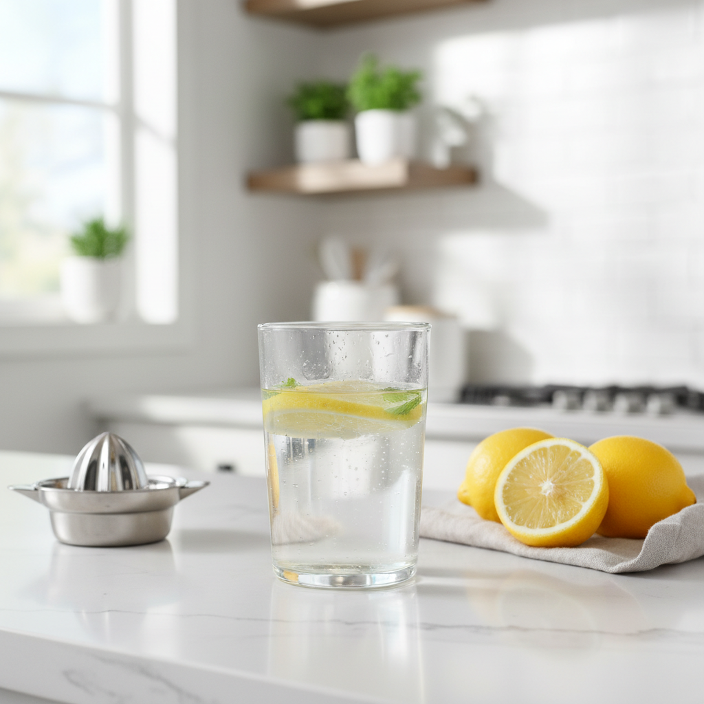 Glass of lemon water on a kitchen counter for hydration routine