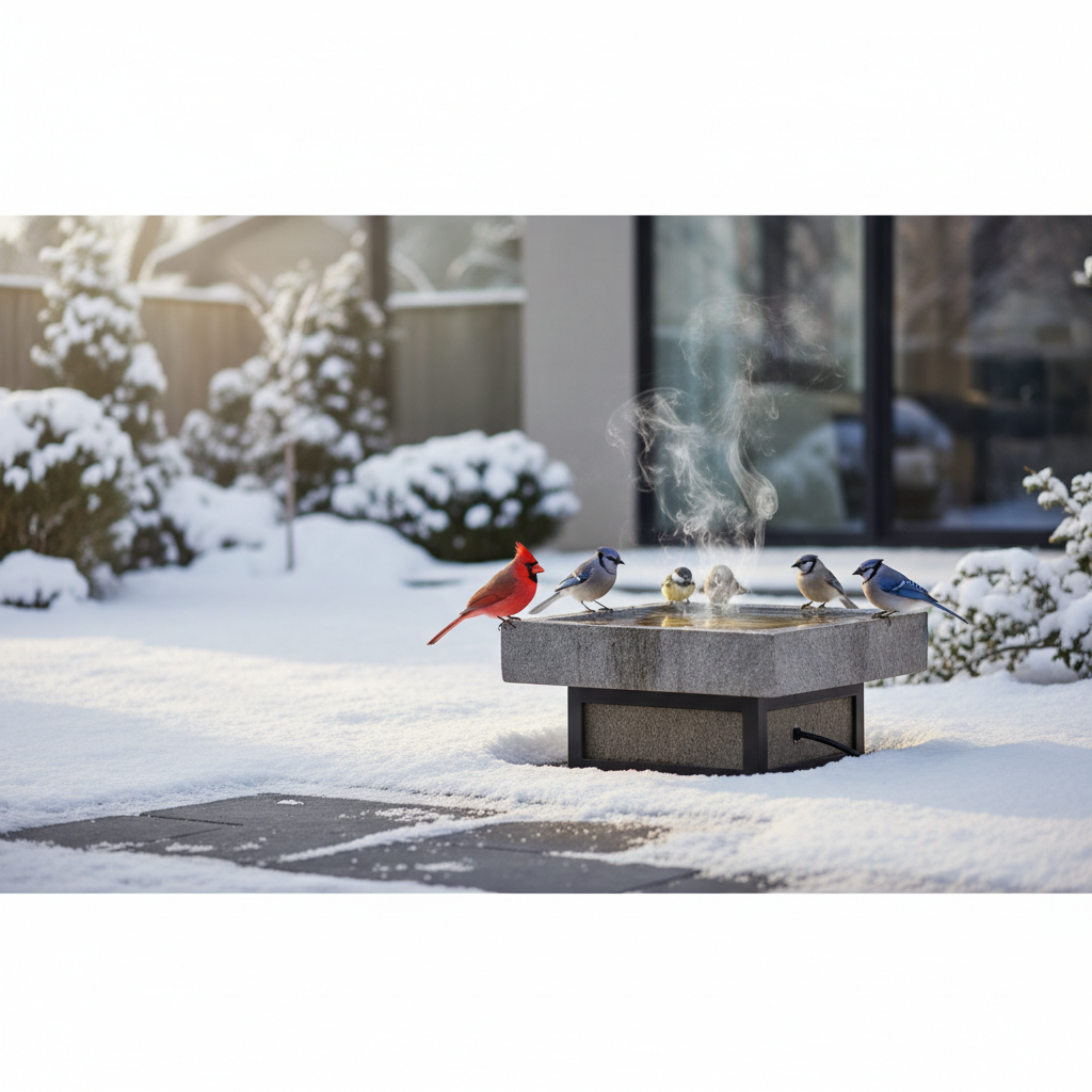 Heated bird bath with steam rising on a snowy patio