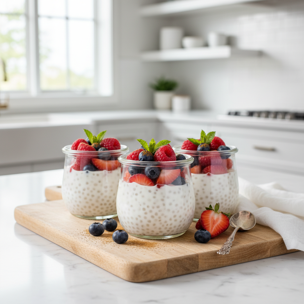 Creamy tapioca pudding cups with vanilla and berries on a table