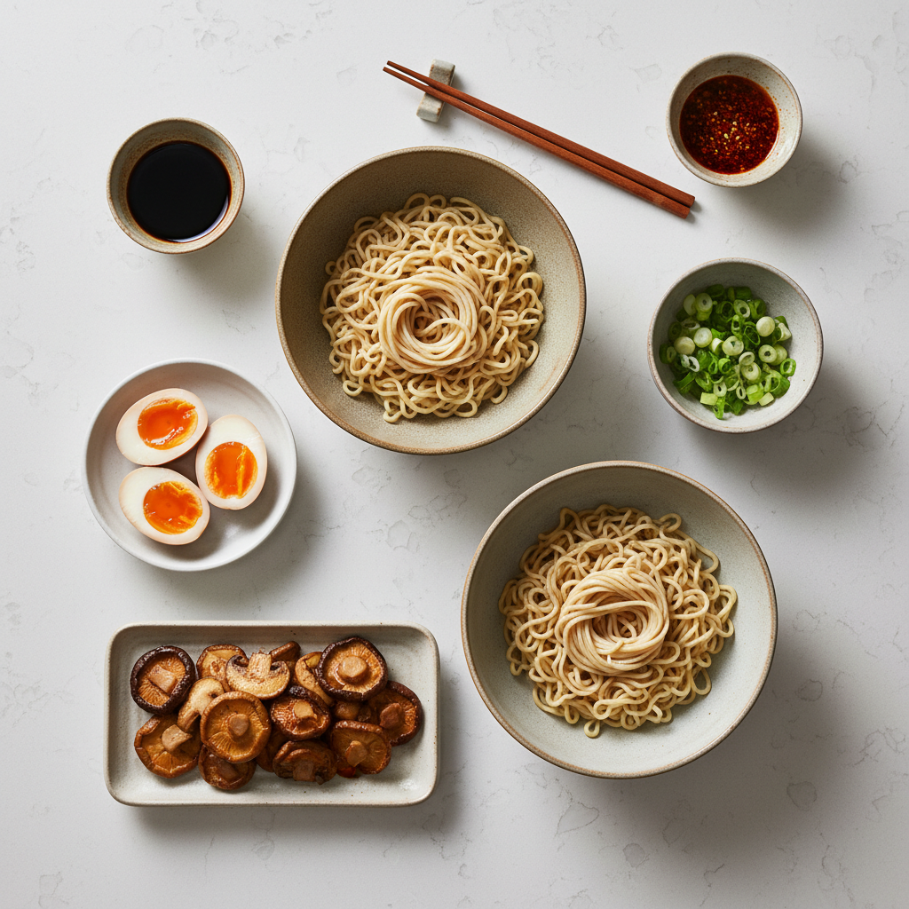 Ramen mise en place with noodles, eggs, scallions, and oils on counter