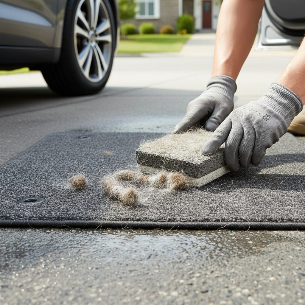 Cleaning pet hair from carpeted car floor mat using a pet hair stone outdoors