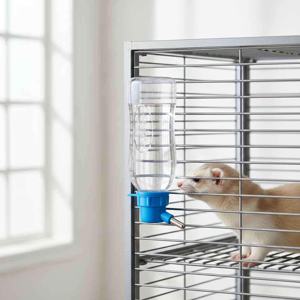 Drip-proof large water bottle mounted on a ferret cage at correct height