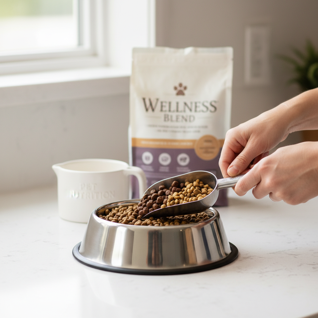 Measuring and mixing senior dog food during a gradual transition