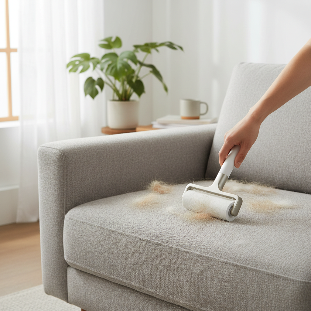 Reusable pet hair lint roller on sofa with dog hair