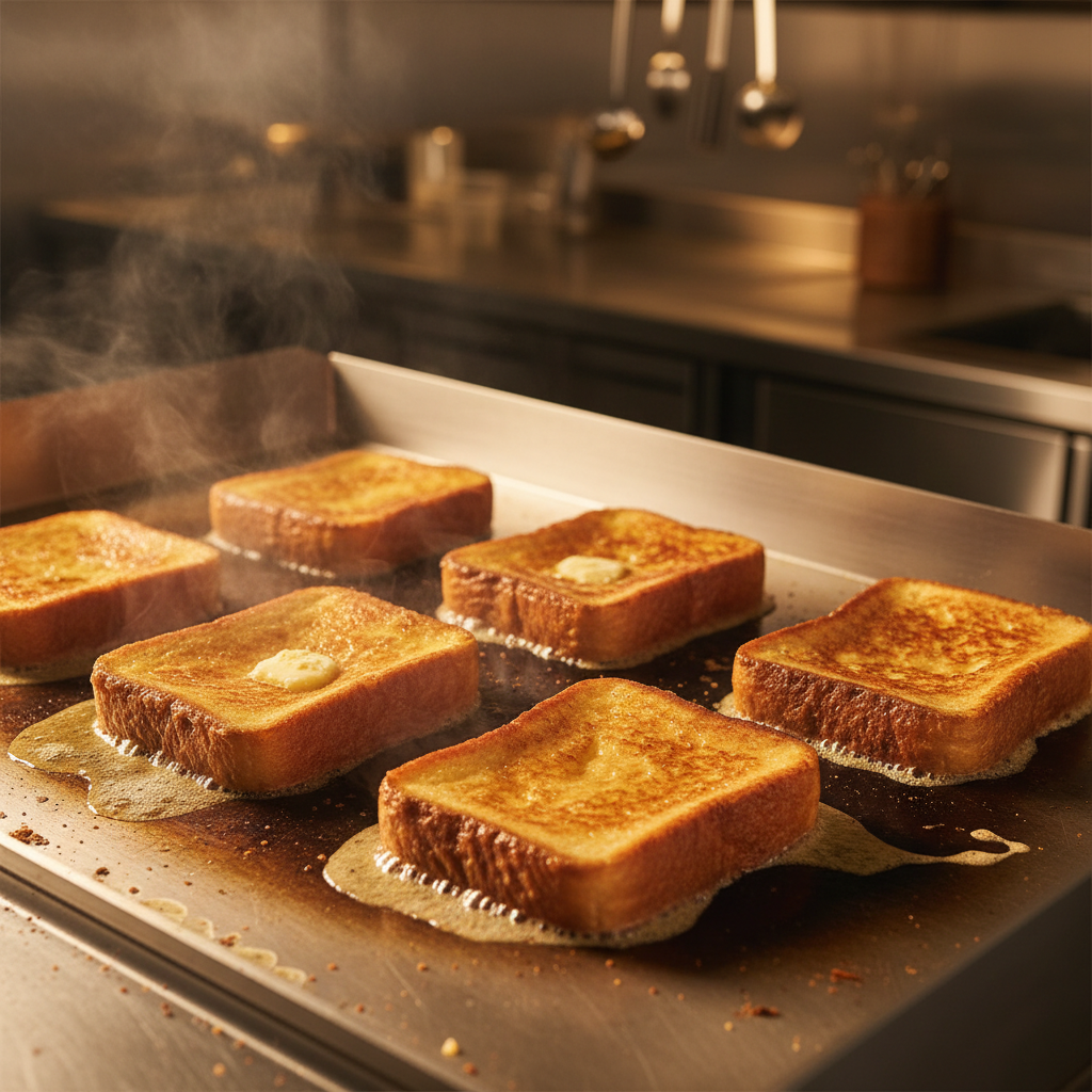 French toast cooking on a griddle with butter and golden-brown edges