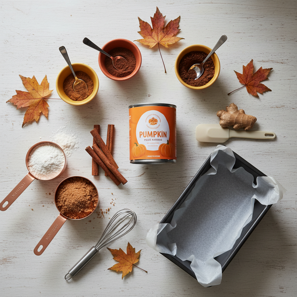 Fall baking setup with canned pumpkin puree, spices, and a loaf pan