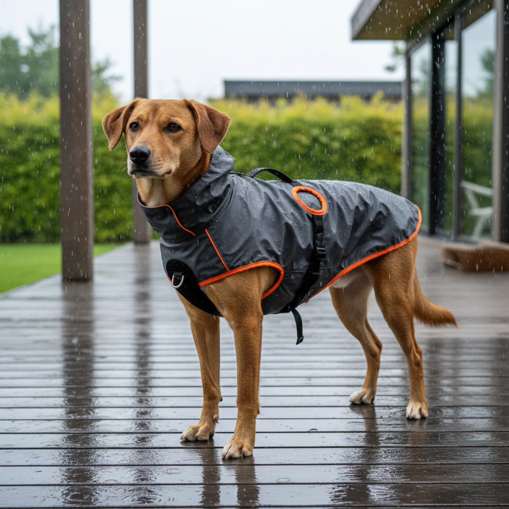 Dog wearing a reflective rain jacket with proper fit and harness access