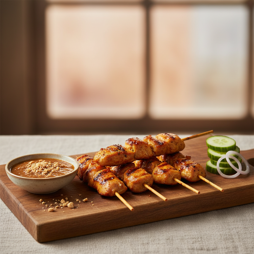 Chicken satay skewers with peanut sauce on a cutting board