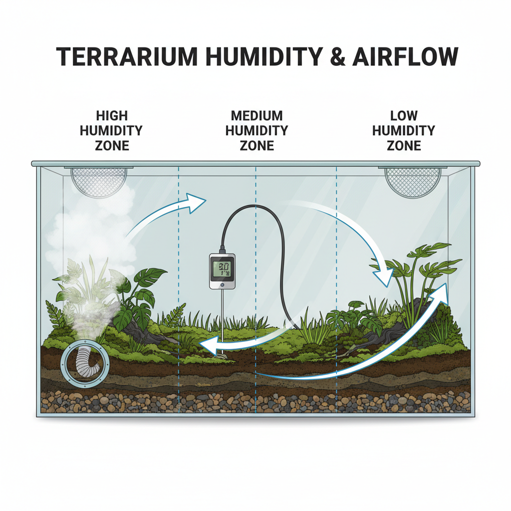 Terrarium humidity zones with hygrometer probe placement illustration