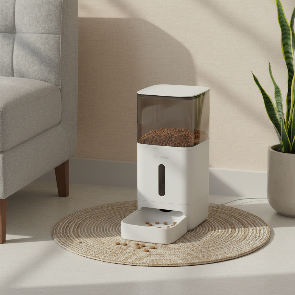 Automatic dry food cat feeder placed against a wall on a feeding mat to prevent tipping and spills
