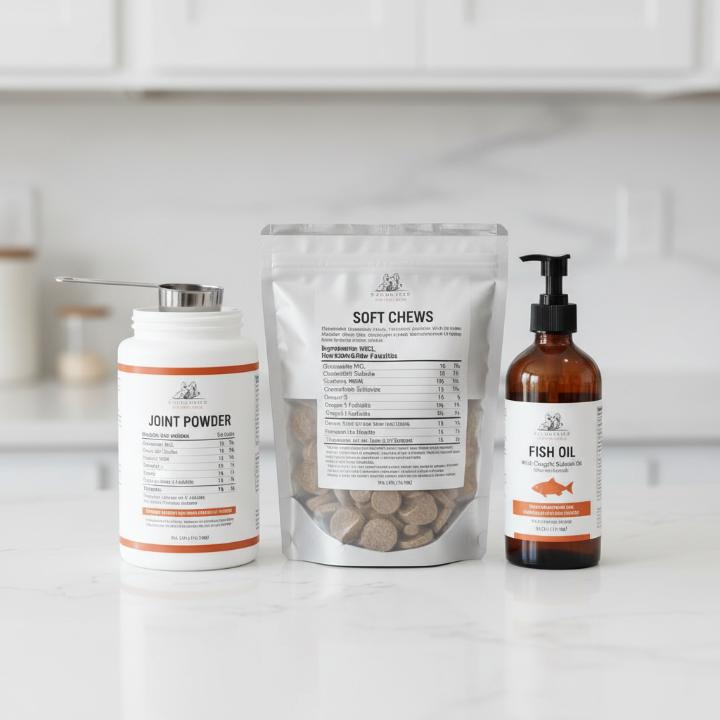 Dog joint supplement ingredients laid out with measuring scoop