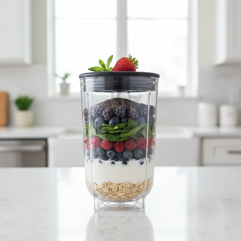 Blender jar with layered smoothie ingredients before blending