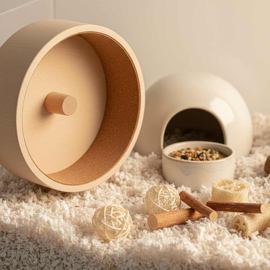 Safe hamster accessories close-up showing solid wheel and chew toys in clean habitat