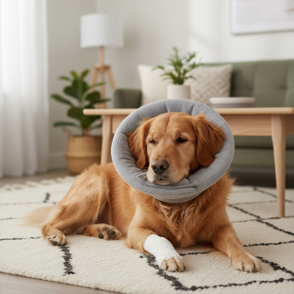 Dog wearing an e-collar after paw wound care to prevent licking