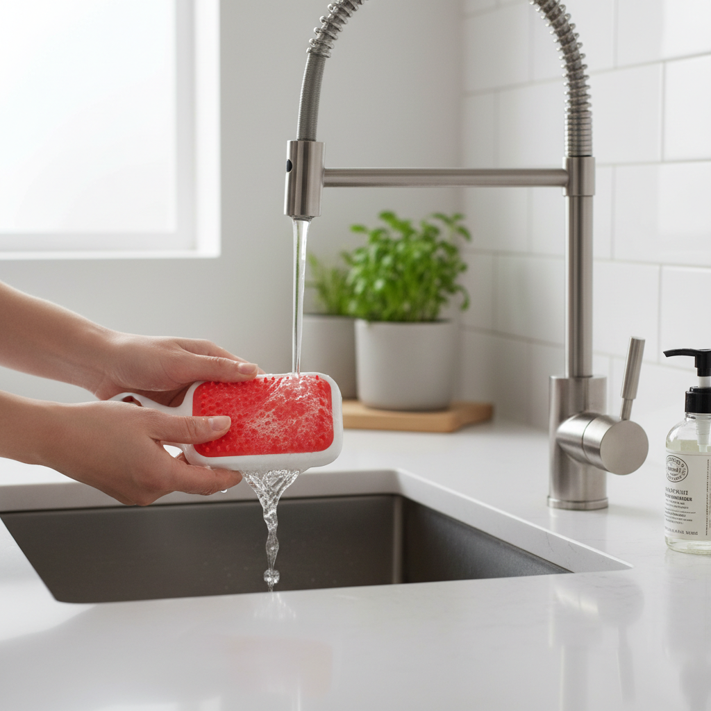 Reusable washable lint brush cleaning routine at a sink with mild soap