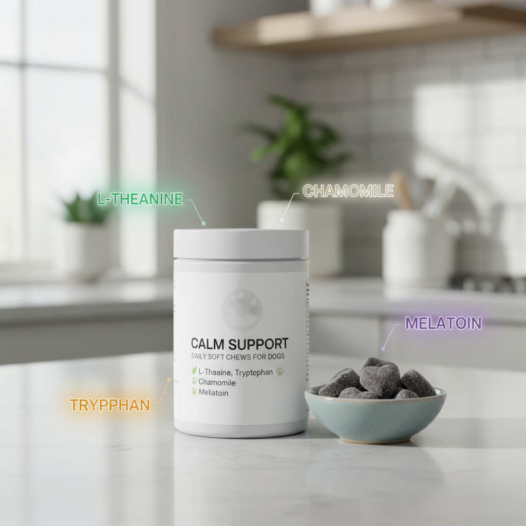 Close-up of calming chew supplement label with common ingredients highlighted