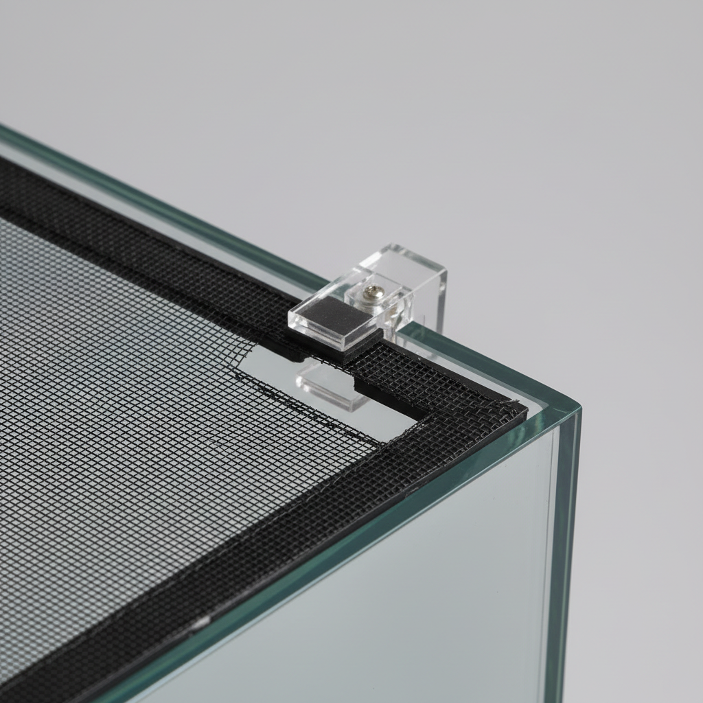 Close-up of aquarium screen lid corner gap and clamp for turtle escape prevention
