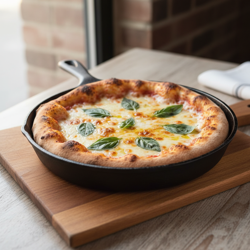 Homemade pizza in a cast iron skillet with crisp browned crust edges