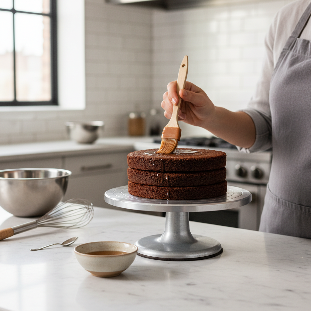 Brushing simple syrup onto chocolate cake layers before frosting